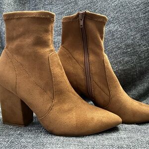 Express Tan Ankle Booties with Side Zipper and Block Heel